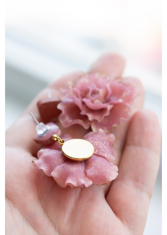 Pink gold Flowers Statement earrings, polymer clay earrings