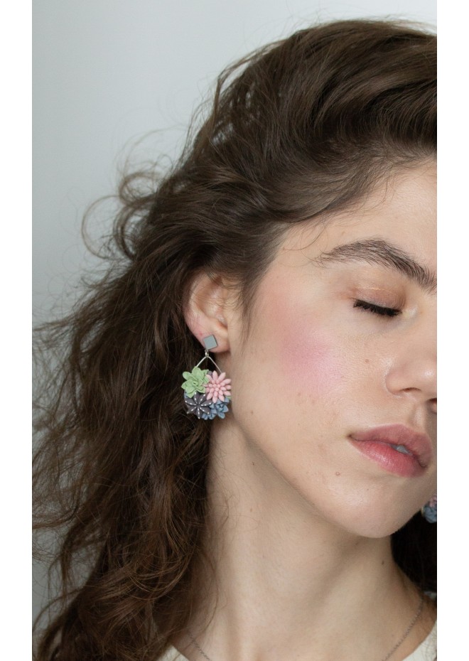 Statement Blue and Pink Succulents Earrings