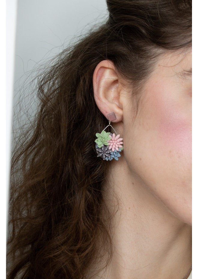 Statement Blue and Pink Succulents Earrings