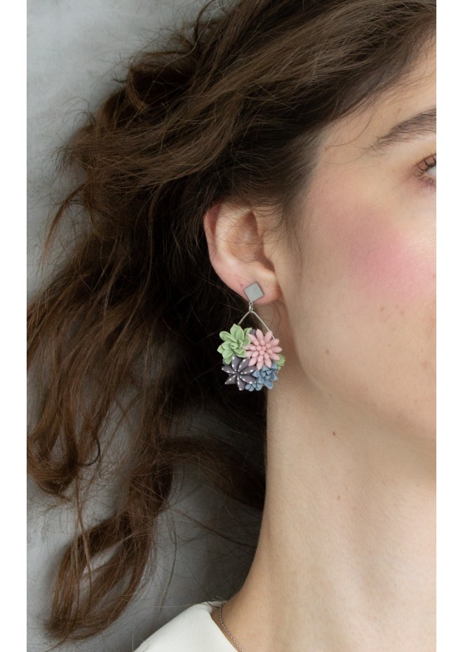 Statement Blue and Pink Succulents Earrings