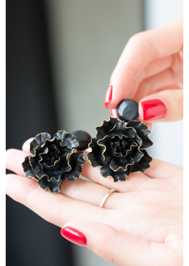 Black gold Flowers Statement earrings, polymer clay earrings