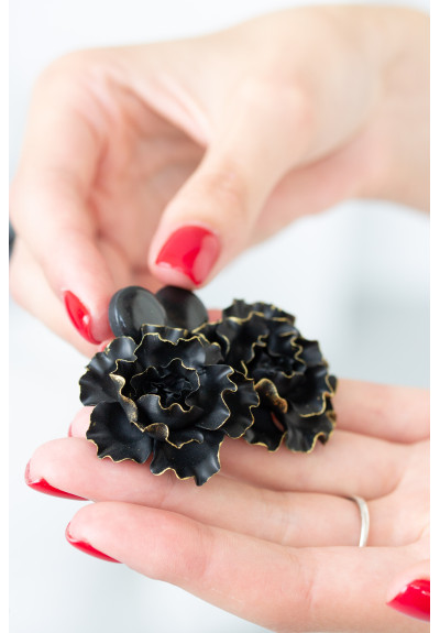 Black gold Flowers Statement earrings, polymer clay earrings