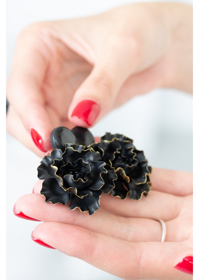 Black gold Flowers Statement earrings, polymer clay earrings