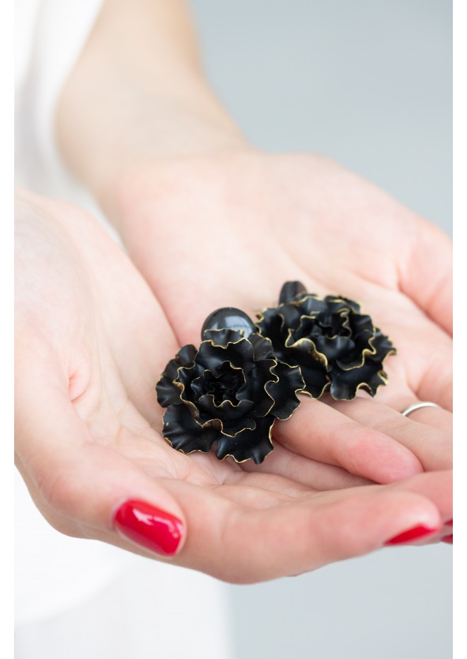 Black gold Flowers Statement earrings, polymer clay earrings