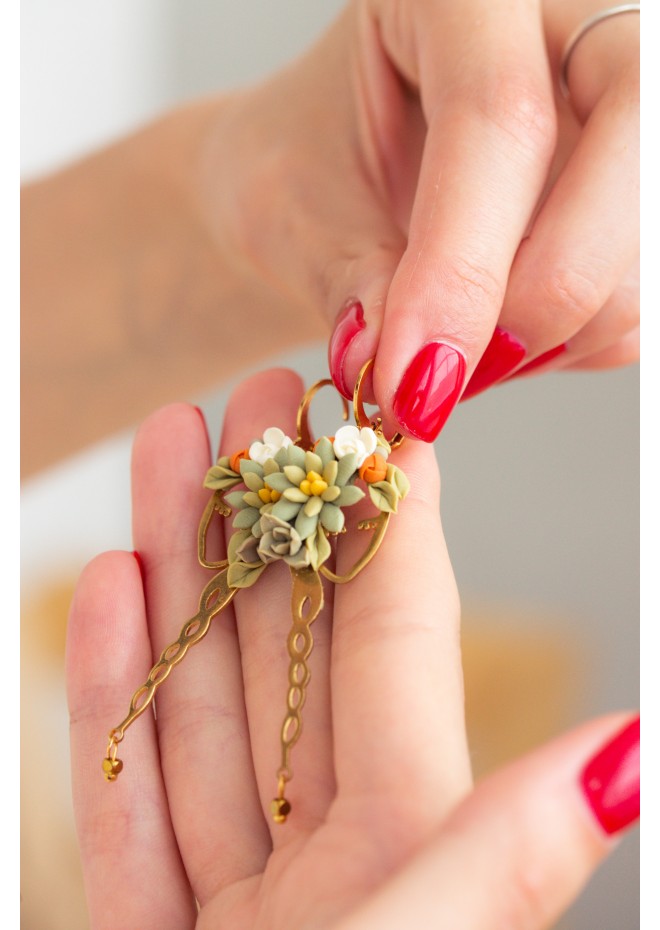 Flowers earrings, boquet earrings with girl, Unique Statement Earrings, flower dangle earrings