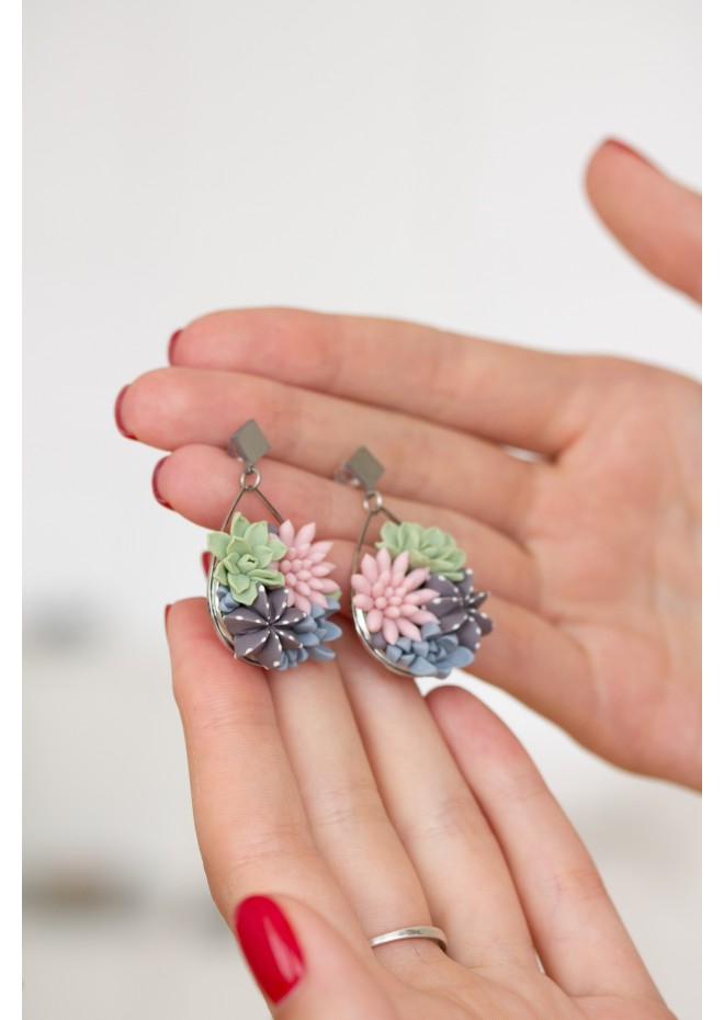 Statement Blue and Pink Succulents Earrings