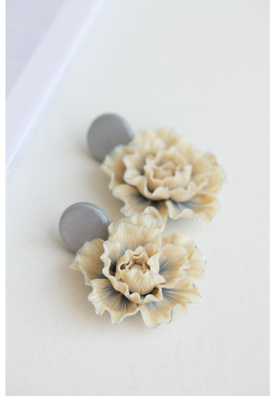 Beige and Gray Flowers Statement Earrings big flower black oversized earrings