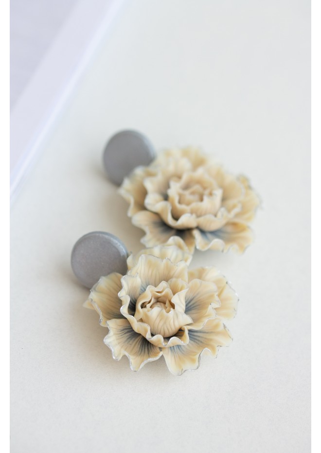 Beige and Gray Flowers Statement Earrings big flower black oversized earrings