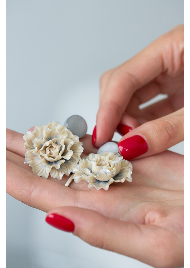 Beige and Gray Flowers Statement Earrings big flower black oversized earrings