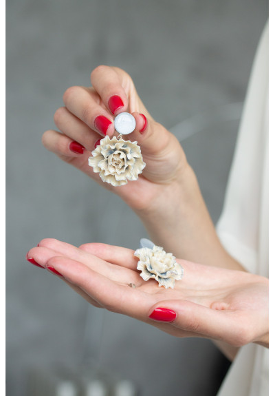 Beige and Gray Flowers Statement Earrings big flower black oversized earrings