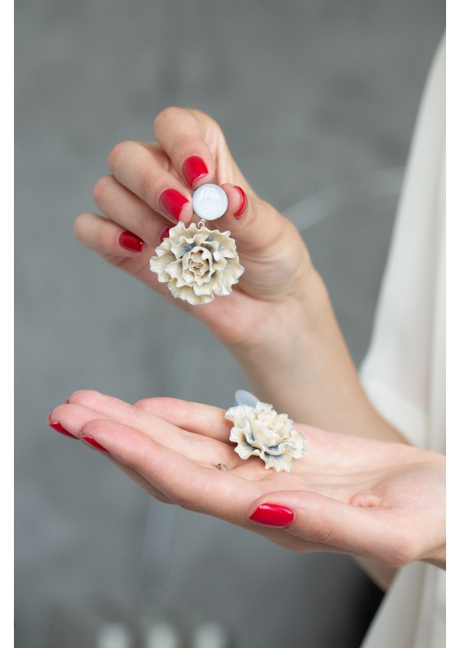 Beige and Gray Flowers Statement Earrings big flower black oversized earrings