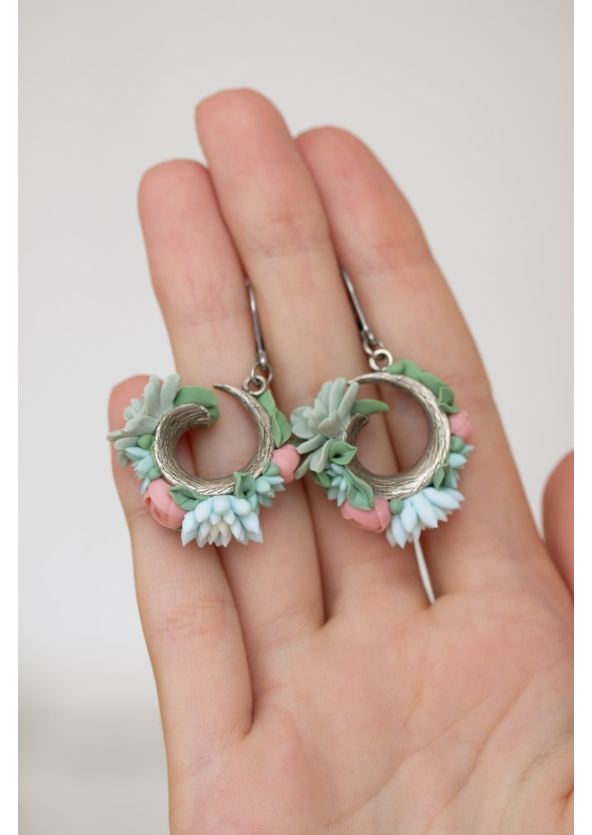 Only one Pink Blue Succulent Dangle Earrings Brass Polymer clay Earrings Statement Multicolor Earrings Gift for her 