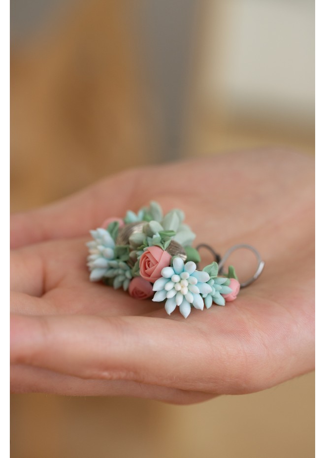 Only one Pink Blue Succulent Dangle Earrings Brass Polymer clay Earrings Statement Multicolor Earrings Gift for her 