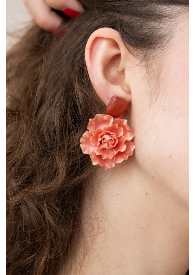 Peachy Pink gold Flowers Statement earrings, polymer clay earrings