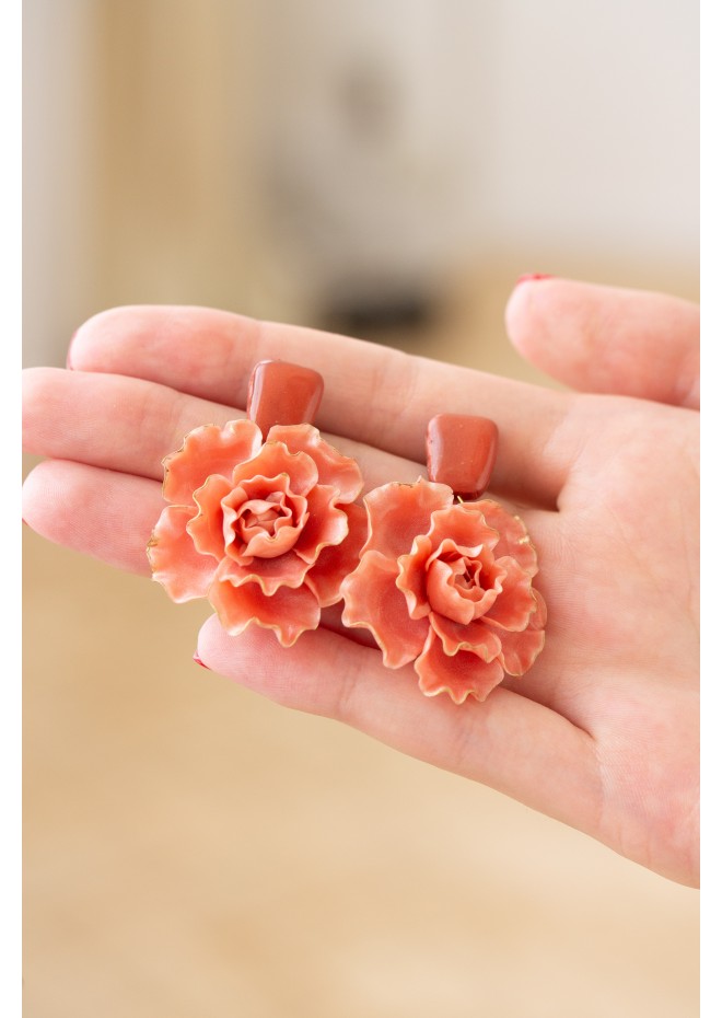 Peachy Pink gold Flowers Statement earrings, polymer clay earrings