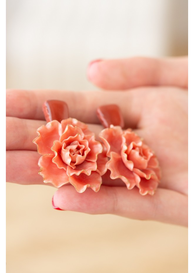 Peachy Pink gold Flowers Statement earrings, polymer clay earrings