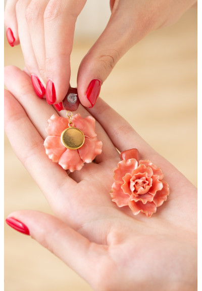 Peachy Pink gold Flowers Statement earrings, polymer clay earrings