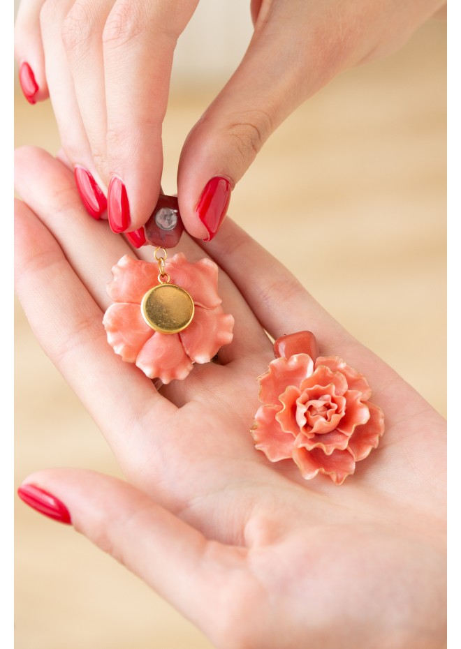 Peachy Pink gold Flowers Statement earrings, polymer clay earrings