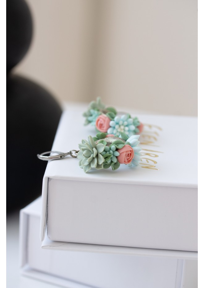 Only one Pink Blue Succulent Dangle Earrings Brass Polymer clay Earrings Statement Multicolor Earrings Gift for her 