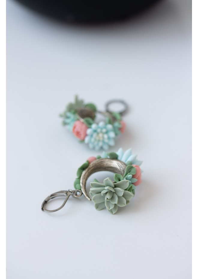 Only one Pink Blue Succulent Dangle Earrings Brass Polymer clay Earrings Statement Multicolor Earrings Gift for her 