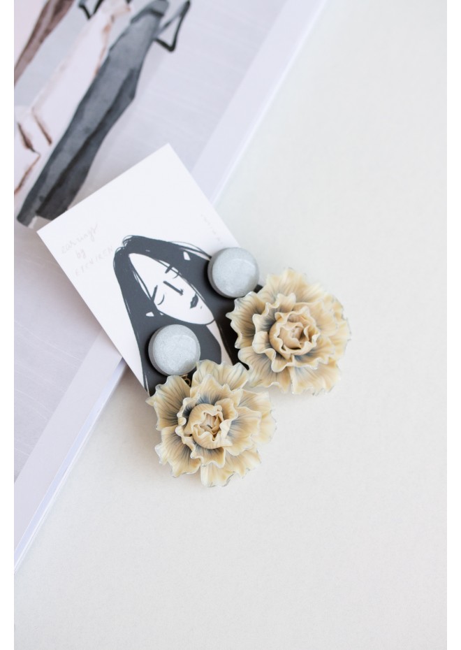 Beige and Gray Flowers Statement Earrings big flower black oversized earrings