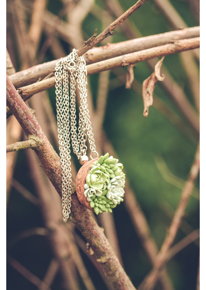 Unique Succulent Nutshell Necklace Green