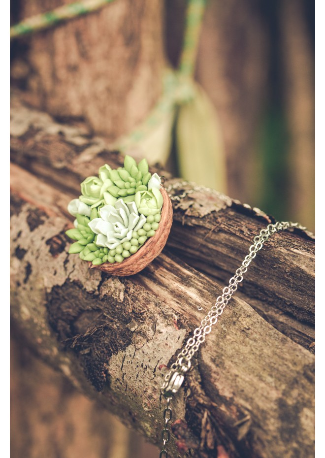 Unique Succulent Nutshell Necklace Green