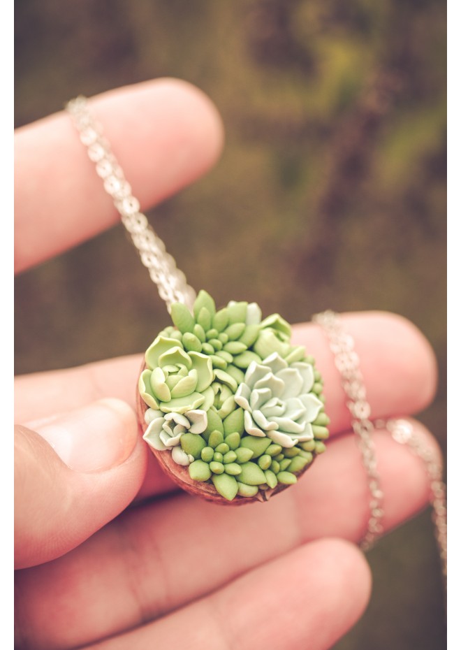 Unique Succulent Nutshell Necklace Green