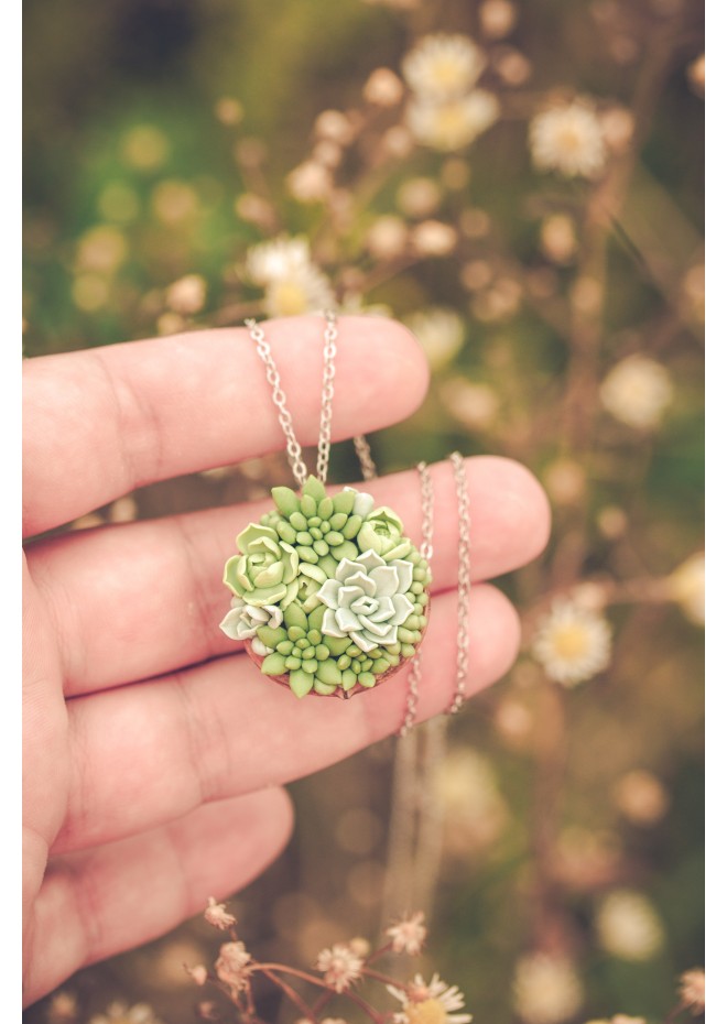 Unique Succulent Nutshell Necklace Green