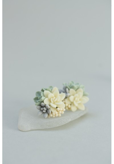 Succulent Stud Earrings - Ivory Green Pink Echeveria Plant Hypoallergenic Earrings