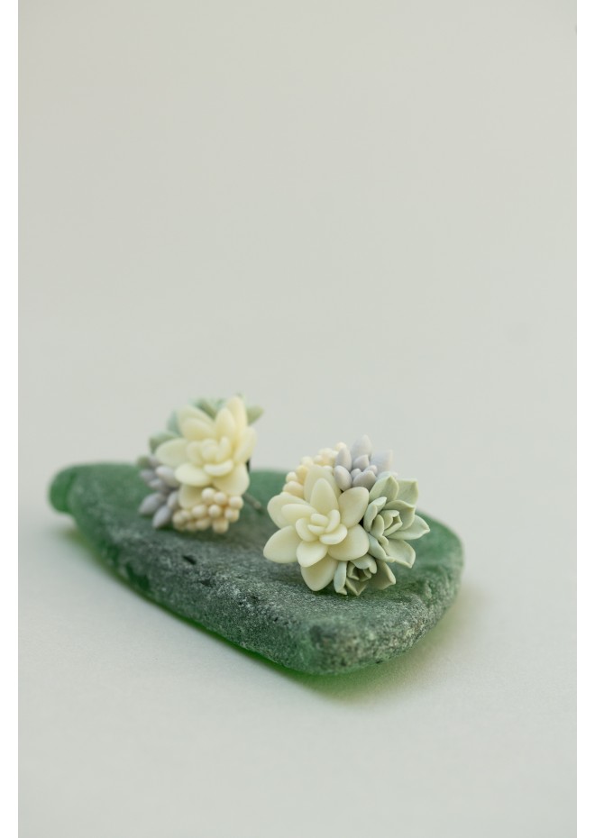 Succulent Stud Earrings - Ivory Green Pink Echeveria Plant Hypoallergenic Earrings