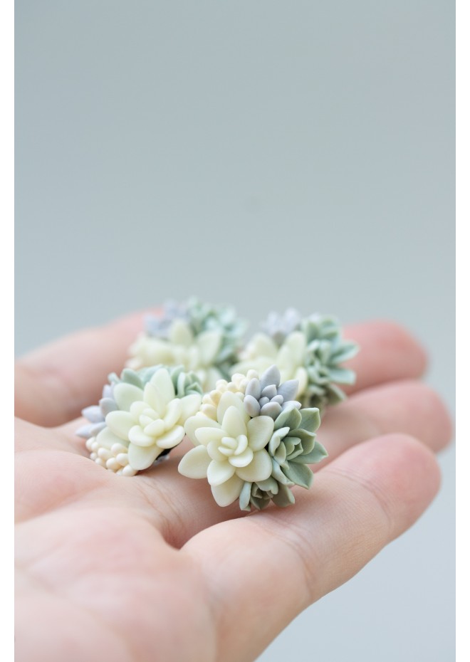 Succulent Stud Earrings - Ivory Green Pink Echeveria Plant Hypoallergenic Earrings