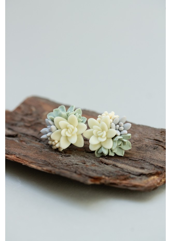 Succulent Stud Earrings - Ivory Green Pink Echeveria Plant Hypoallergenic Earrings