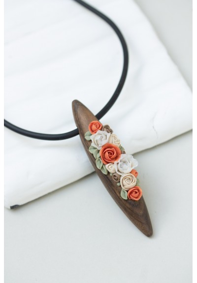 Bouquet necklace, Flowers in wood pendant. Orange, brown, beige and milk.