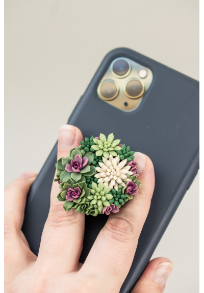 Green succulents phone grip, Floral phone accessory