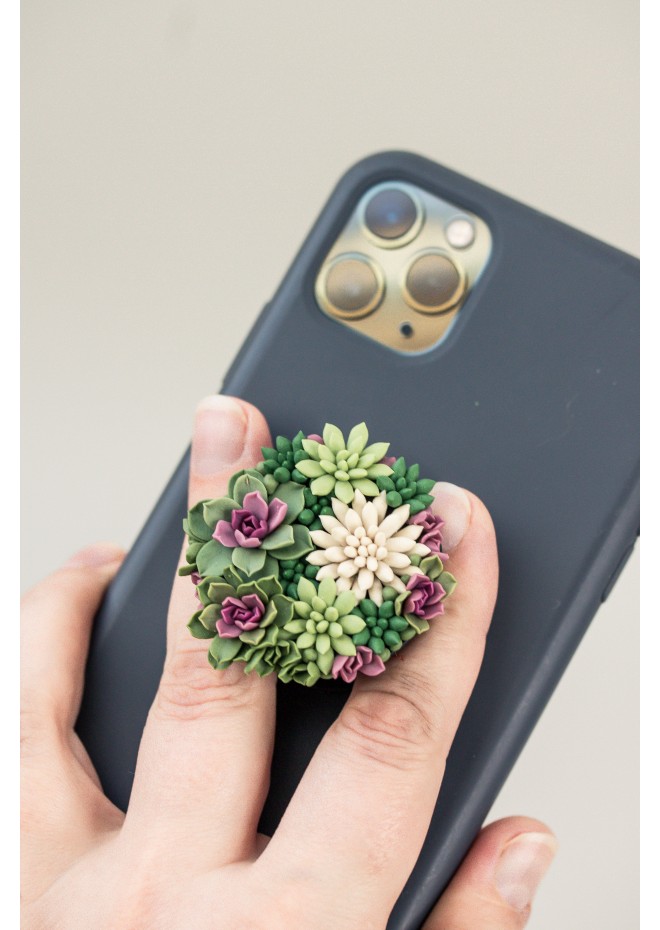 Green succulents phone grip, Floral phone accessory