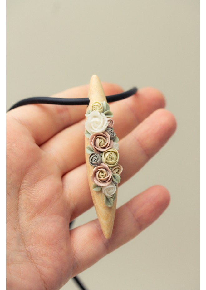 Floral Bouquet necklace, Flowers in wood pendant.