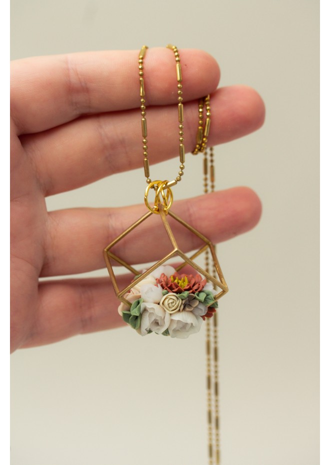 Flowers Bouquet Terrarium Pendant Necklace - Orange Gold Beige Floral Jewelry Gift