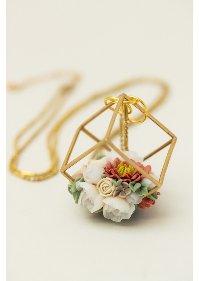 Flowers Bouquet Terrarium Pendant Necklace - Orange Gold Beige Floral Jewelry Gift