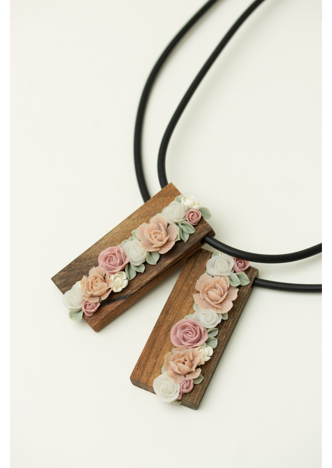 Handmade Floral Bouquet Necklace with Walnut Wood Base