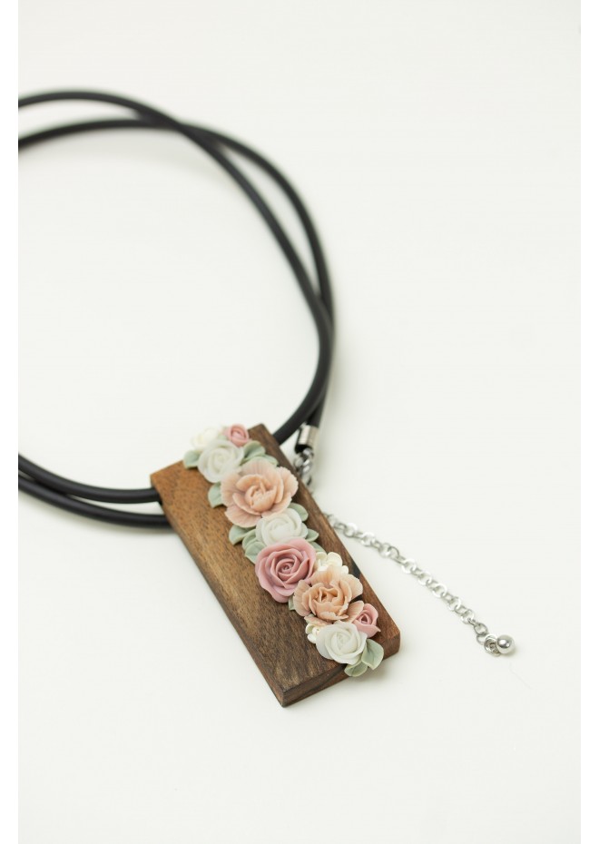 Handmade Floral Bouquet Necklace with Walnut Wood Base