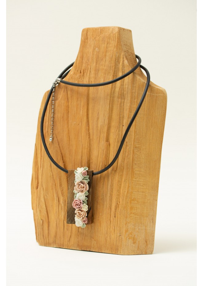 Handmade Floral Bouquet Necklace with Walnut Wood Base
