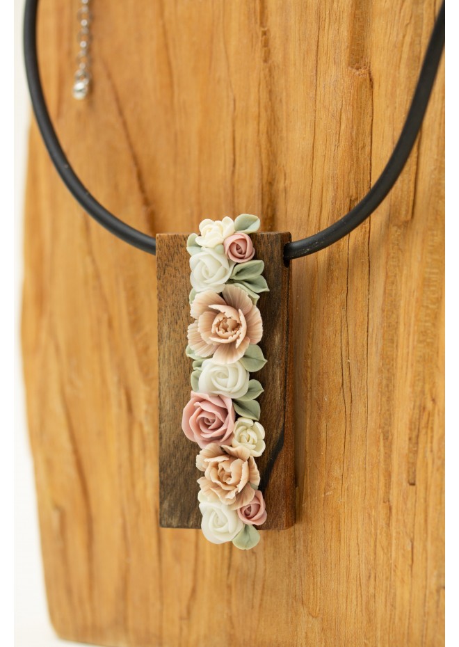 Handmade Floral Bouquet Necklace with Walnut Wood Base