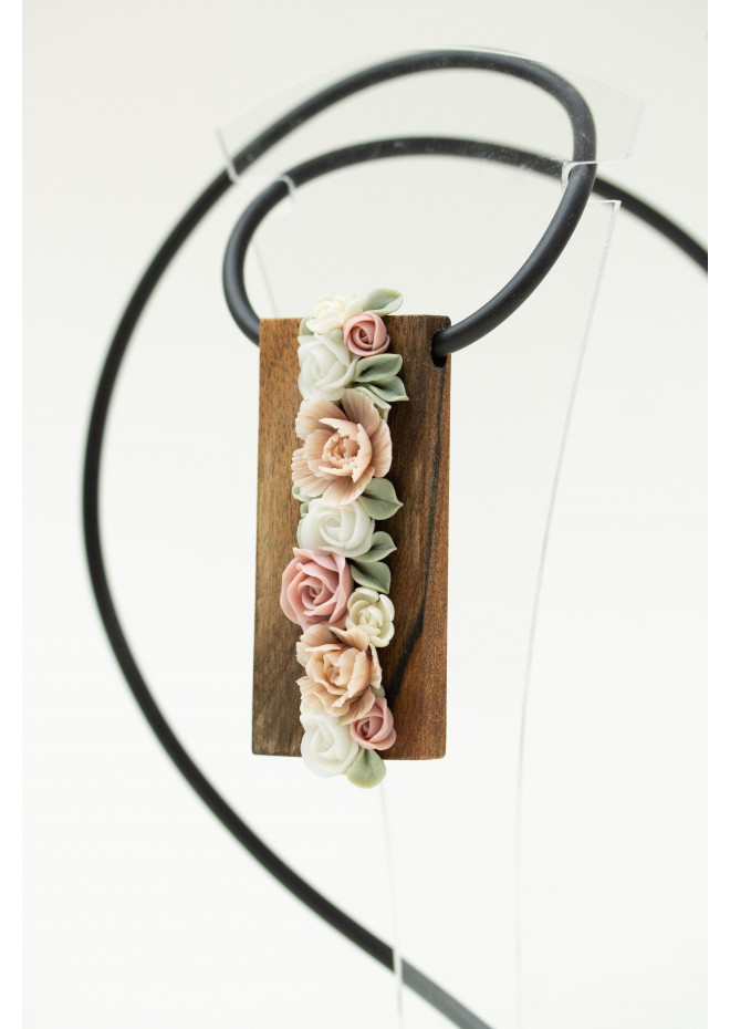 Handmade Floral Bouquet Necklace with Walnut Wood Base