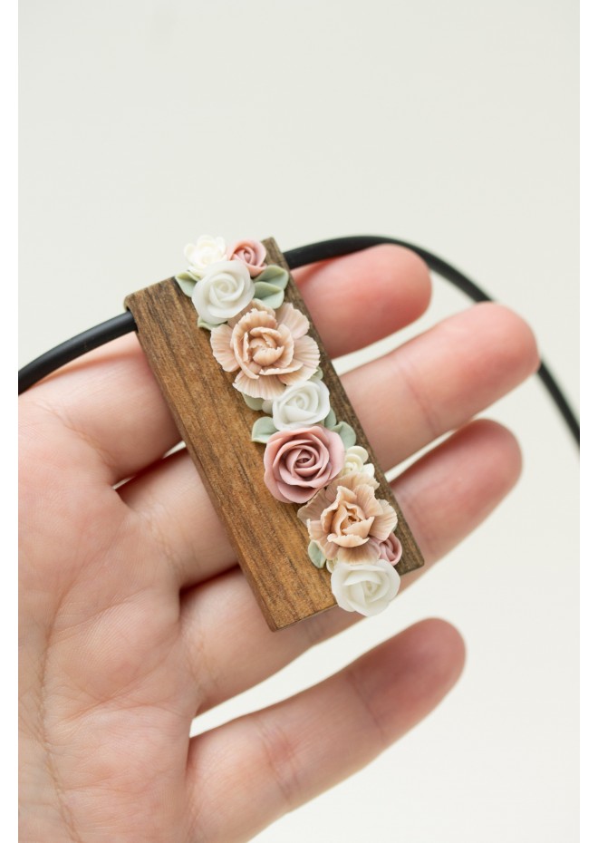 Handmade Floral Bouquet Necklace with Walnut Wood Base