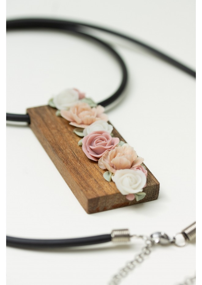 Handmade Floral Bouquet Necklace with Walnut Wood Base