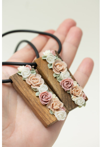 Handmade Floral Bouquet Necklace with Walnut Wood Base