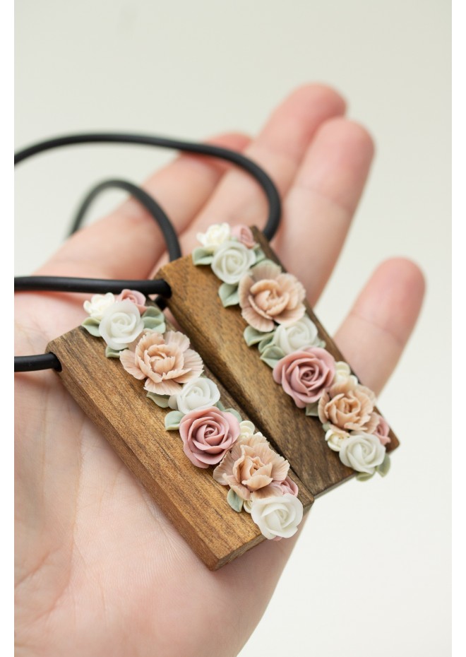 Handmade Floral Bouquet Necklace with Walnut Wood Base