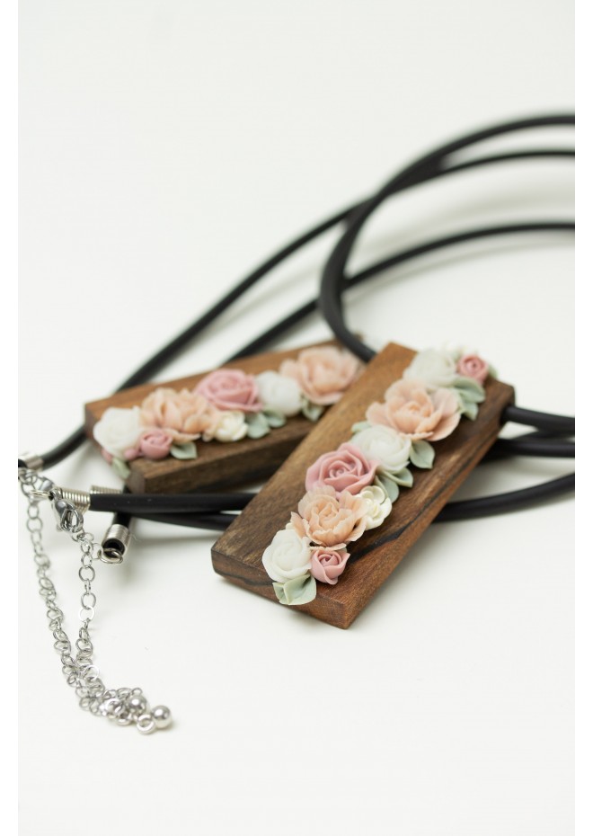 Handmade Floral Bouquet Necklace with Walnut Wood Base