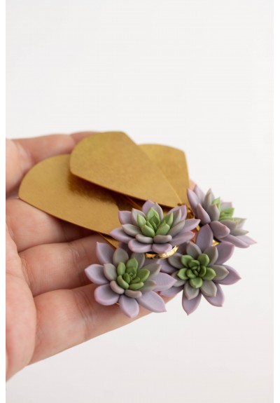 Statement and Original gold color Earrings with Purple Succulent